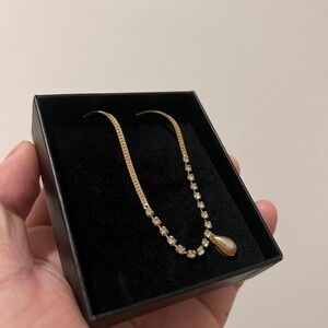 Womens Gold Pleated Rhinestone necklace with pearl drop